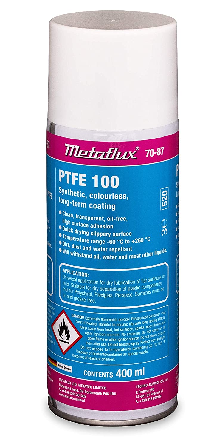 Metaflux PTFE-100 Spray lubricante antiadherente 70-87 Limpiar 100% puro revestimiento PTFE resistente al aceite, agua y otros líquidos. 400ml
